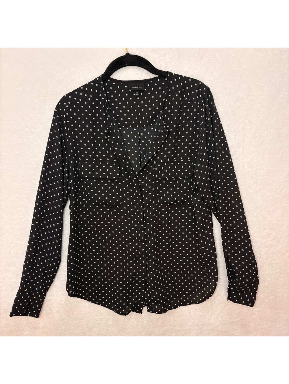 Who What Wear Black White Polka Dot Button Front Blouse Women’s M Long Sleeve